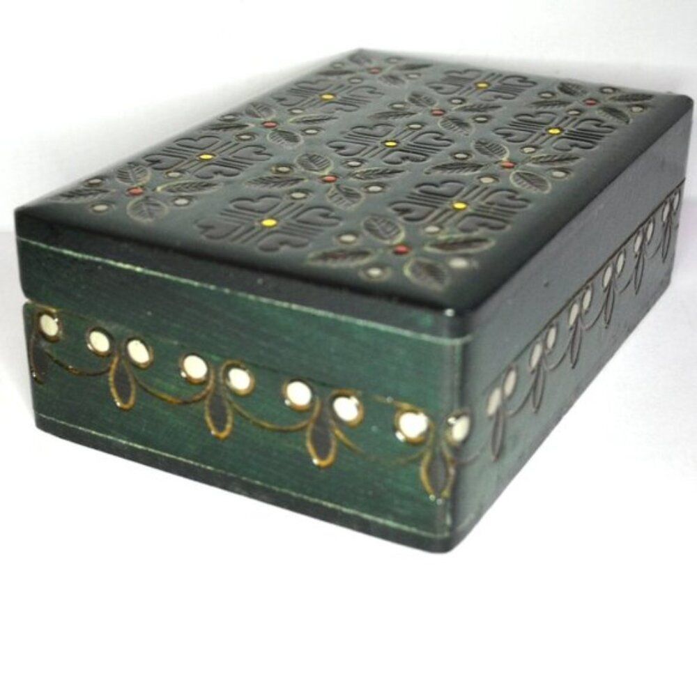 Vintage Green Wooden Trinket Box  Folk Art Floral Heart Design Glossy Finish